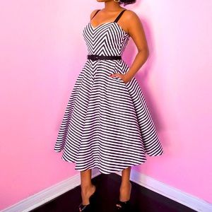 Vixen by Micheline Pitt Black and White Striped Fit-and-Flare Dress